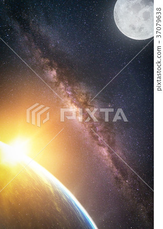 Landscape with Milky way galaxy. Sunrise and Earth Landscape with Milky way galaxy. Sunrise and Earth 37079638