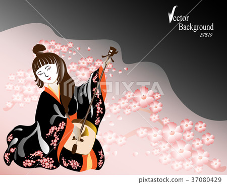 A Japanese woman in a kimono plays a national 37080429