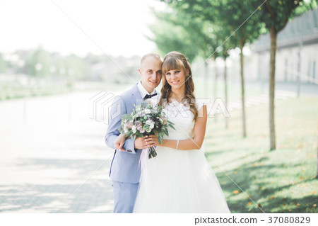 Romantic, fairytale, happy newlywed couple hugging Romantic, fairytale, happy newlywed couple hugging 37080829