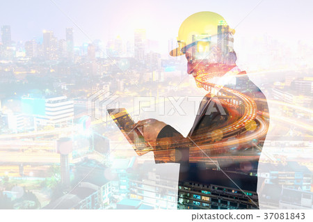 Double Exposure Senior Businessman or Architect Double Exposure Senior Businessman or Architect 37081843