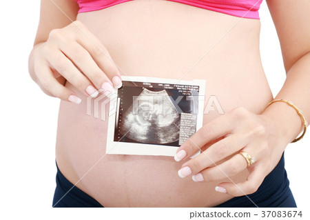 Pregnant woman's belly and ultrasound over white 37083674