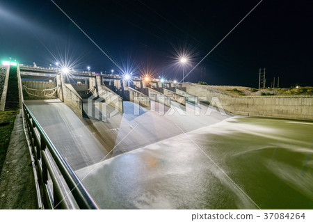 Spillway of Dam gate on night,Pa Sak Cholasit Dam Spillway of Dam gate on night,Pa Sak Cholasit Dam 37084264
