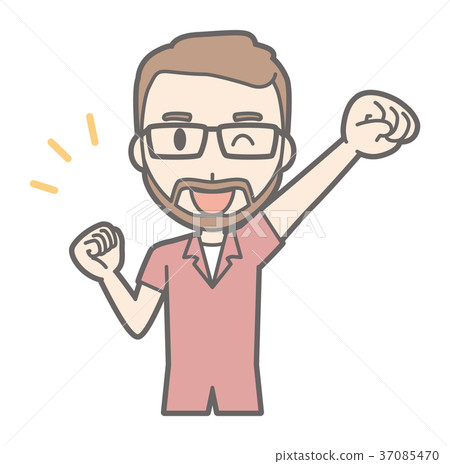 戴眼鏡的有鬍子的人舉有微笑的一個拳頭 37085470