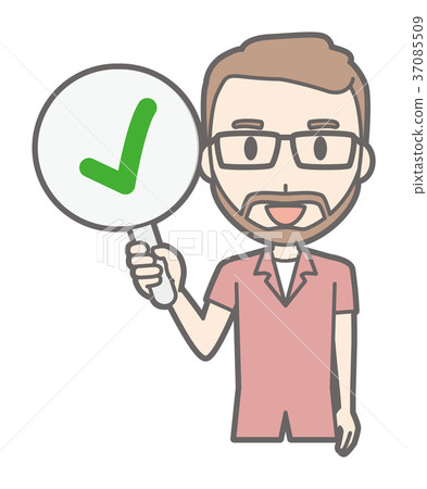 Bearded man wearing glasses holding a checkmark tag 37085509
