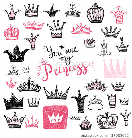 Hand drawn Various crowns set, vector illustration 37085632