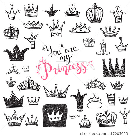 Hand drawn Various crowns set, vector illustration 37085633