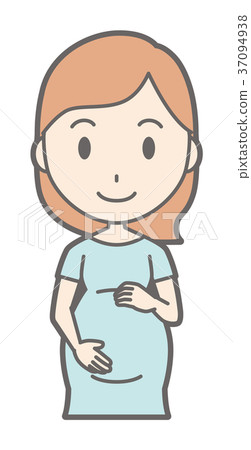 A pregnant woman wearing green clothes is standing front 37094938