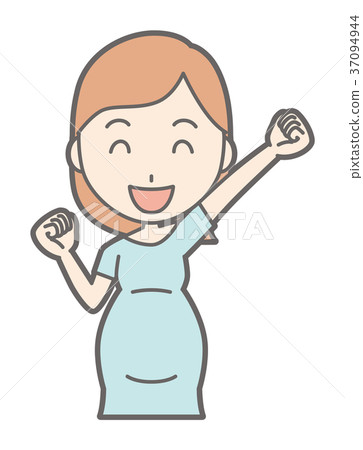 A pregnant woman wearing green clothes is raising her fist 37094944