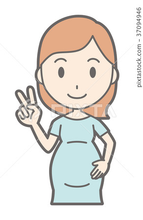 A pregnant woman wearing green clothes is doing peace sign 37094946