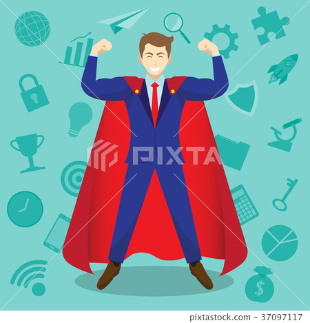 Businessman Wears Red Cloak With Business Icons 37097117