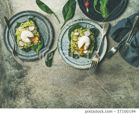 Healthy vegetarian breakfast flat-lay. Avocado and Healthy vegetarian breakfast flat-lay. Avocado and 37100194