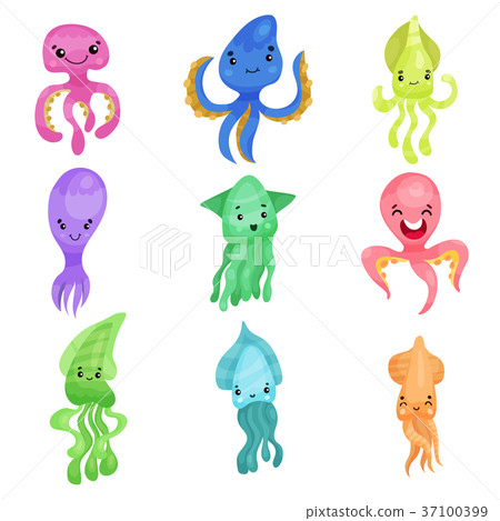 Colorful squids and octopuses set, sea creatures Colorful squids and octopuses set, sea creatures 37100399