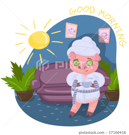 Funny piggy on the green lawn, cute pig character 37100416