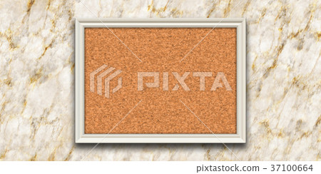 鮮豔細緻的木框軟木塞板在大理石牆材質背景，前視圖（無縫接圖，高解析度 3D CG 渲染∕著色插圖） 37100664