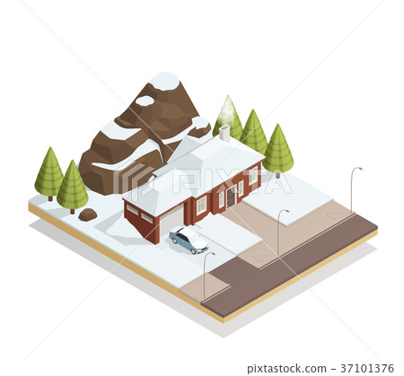 Winter bungalow Landscape Isometric Composition  37101376