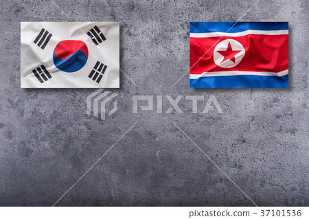 North Korea and South korea flag on concrete backg 37101536