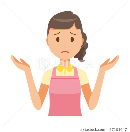Woman home helper wearing apron shrugs shoulders Woman home helper wearing apron shrugs shoulders 37101647