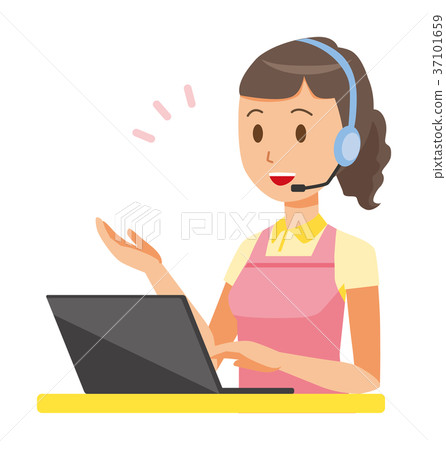 Woman home helper wearing apron is talking on headset Woman home helper wearing apron is talking on headset 37101659
