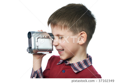 Little boy with video camera isolated 37102349