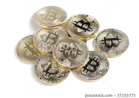 Shiny Bitcoin souvenire coins row isolated Shiny Bitcoin souvenire coins row isolated 37103775