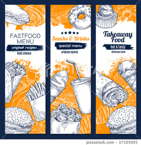 Vector fast food burger and hot dog sketch banners Vector fast food burger and hot dog sketch banners 37105095