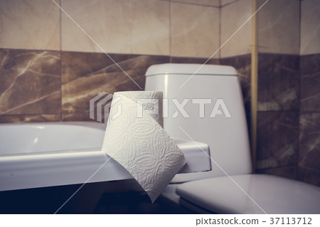 a roll of toilet paper on the background of toilet 37113712