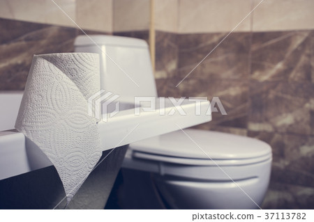 a roll of toilet paper on the background of toilet a roll of toilet paper on the background of toilet 37113782