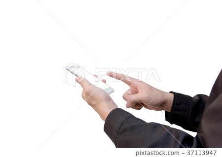 hand holding phone mobile and touching screen hand holding phone mobile and touching screen 37113947