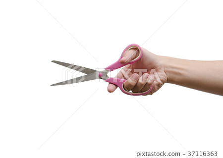 man hand holding scissors isolates on white 37116363