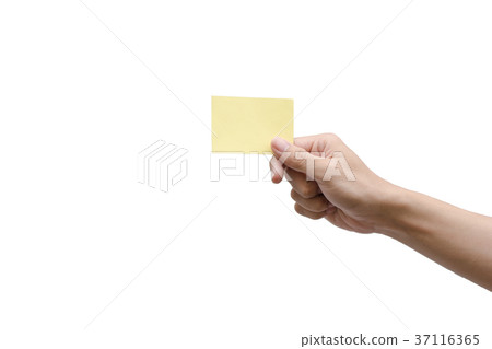 Hand holding yellow paper isolated on white Hand holding yellow paper isolated on white 37116365