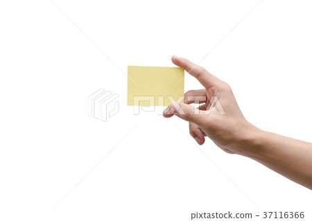 Hand holding yellow paper isolated on white Hand holding yellow paper isolated on white 37116366