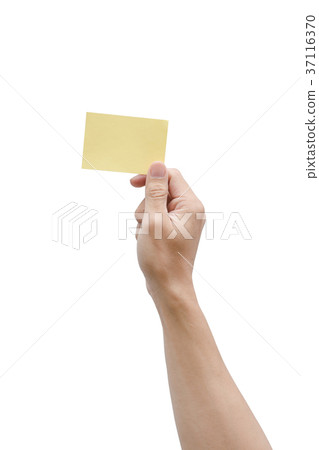 Hand holding yellow paper isolated on white Hand holding yellow paper isolated on white 37116370