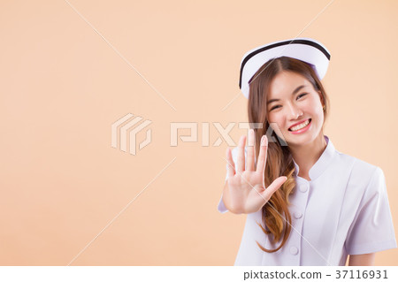 friendly nurse saying no, halt stop hand sign 37116931