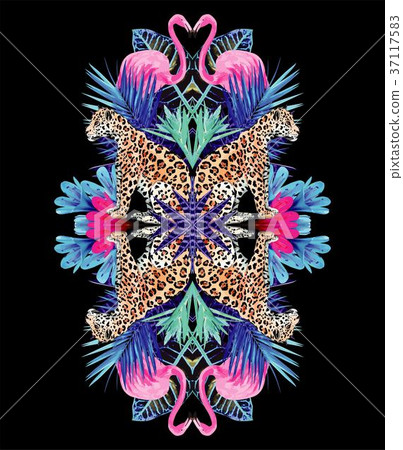 Leopards flamingo and tropical plants mirror print Leopards flamingo and tropical plants mirror print 37117583