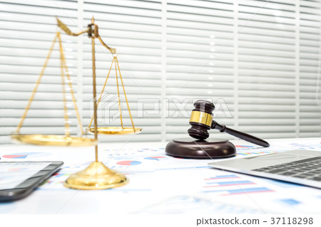 Lawyer desk courtroom with gavel. 37118298