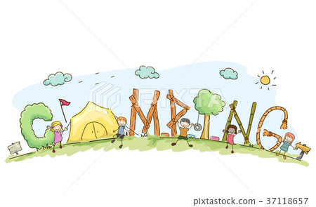 Stickman Kids Camping Lettering Illustration 37118657