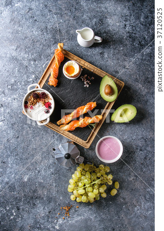 Breakfast set with salmon and yogurt 37120525