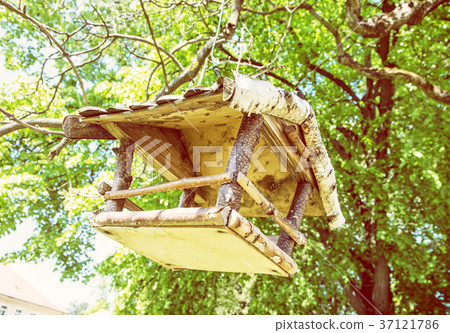 Bird house hanging on green tree, yellow filter 37121786