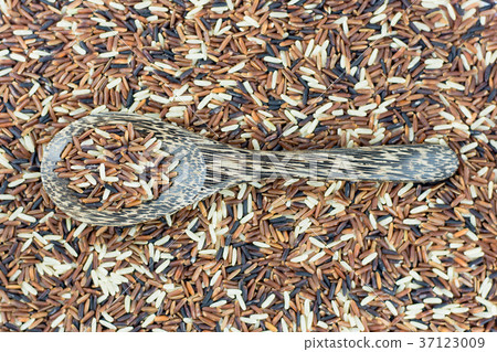 wood spoon and brown rice background.. 37123009