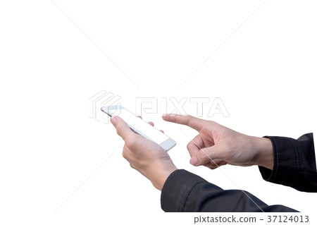 Two hands holding big screen smart phone isolated  37124013