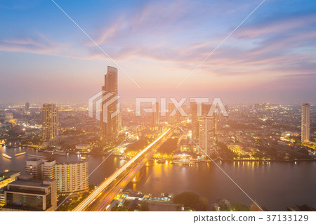 Night Bangkok city aerial view with after sunset  37133129
