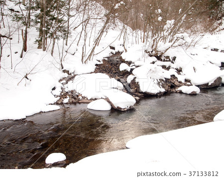 Clear stream and snow on stone 37133812
