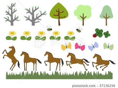 Spring illustration. Material collection. For calendars. Season. Horse and grass. Spring illustration. Material collection. For calendars. Season. Horse and grass. 37136256