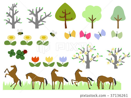 Spring illustration. Material collection. For calendars. Season. Horse and grass. 37136261