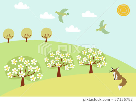 春天的風景。春山。本季的圖像素材。小鳥和山。 37136792