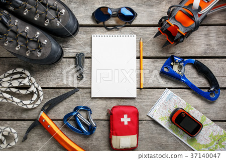 Top view of tourist equipment for a mountain trip Top view of tourist equipment for a mountain trip 37140047