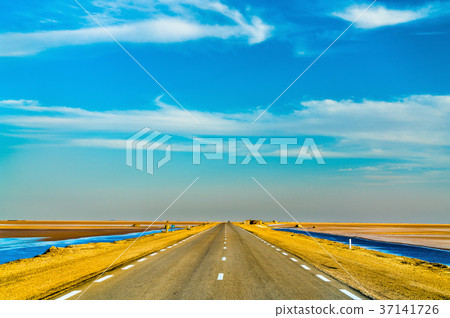 Highway through Chott el Djerid, a dry lake in 37141726
