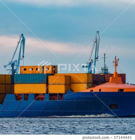 Blue container ship underway Blue container ship underway 37144841