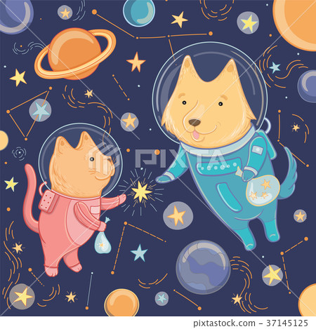 Vector illustration with cute dog and cat in space 37145125
