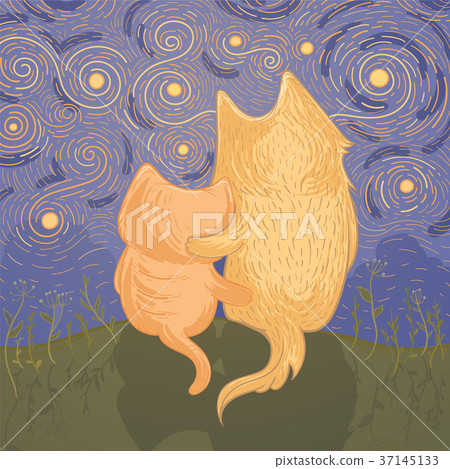 Cute dog and cat admire the night starry sky Cute dog and cat admire the night starry sky 37145133
